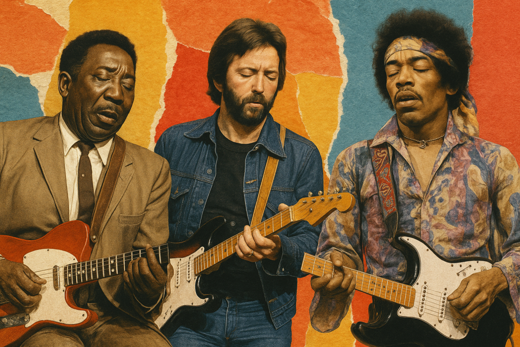Muddy Waters, Eric Clapton, and Jimi Hendrix as blues-rock crossover artists.