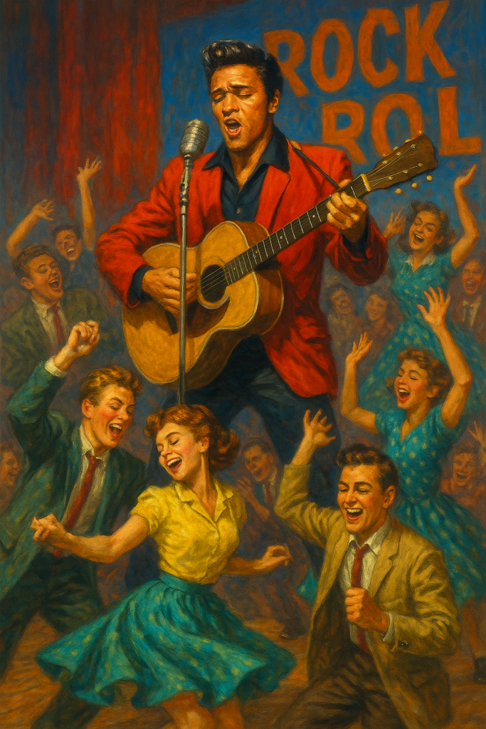 1950s rock and roll concert with Elvis Presley and dancing crowd