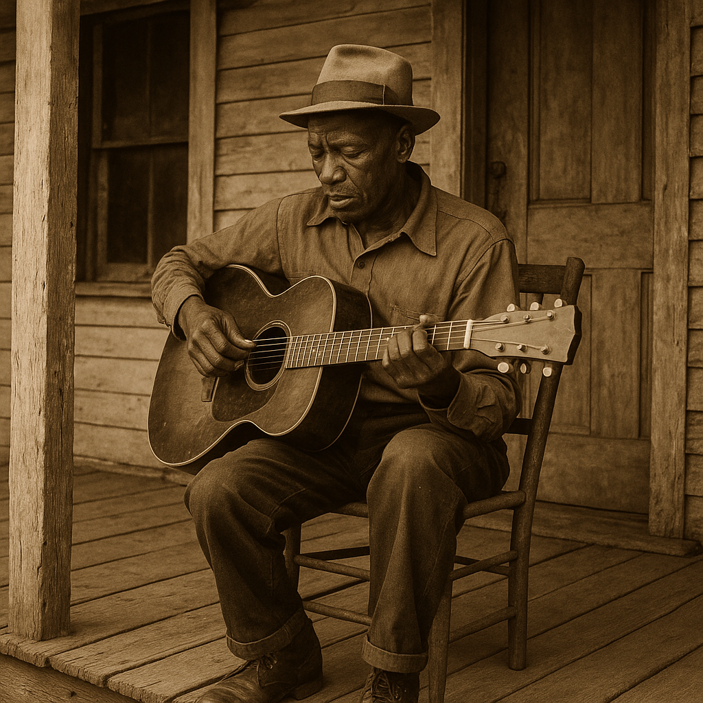 Delta blues musician playing acoustic guitar on wooden porch.